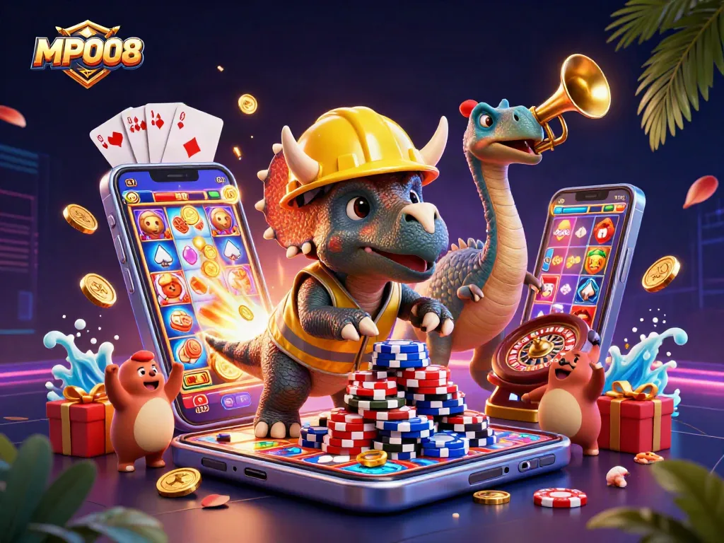 MPO08 brings excitement with a triceratops and parasaurolophus celebrating big slot wins amidst vibrant casino elements.