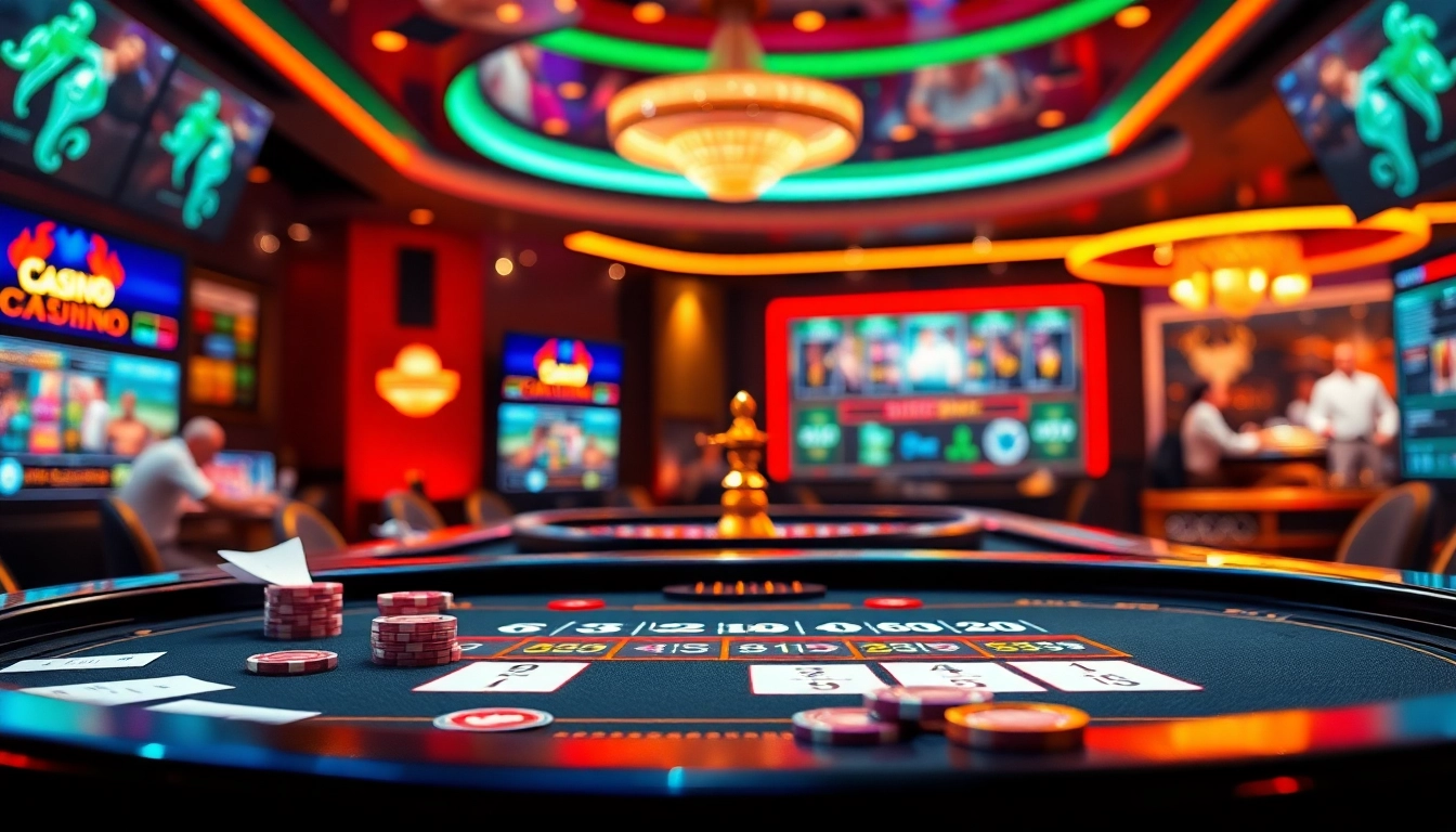 Participez à un gameplay palpitant sur ce site de casino en ligne luxueux avec des jetons de poker et une roulette.