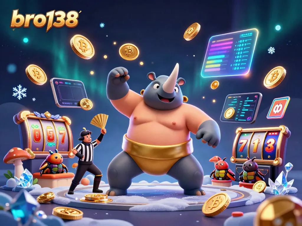 Experience thrilling casino action with bro138, featuring a sumo champion beetle surrounded by joyful characters.
