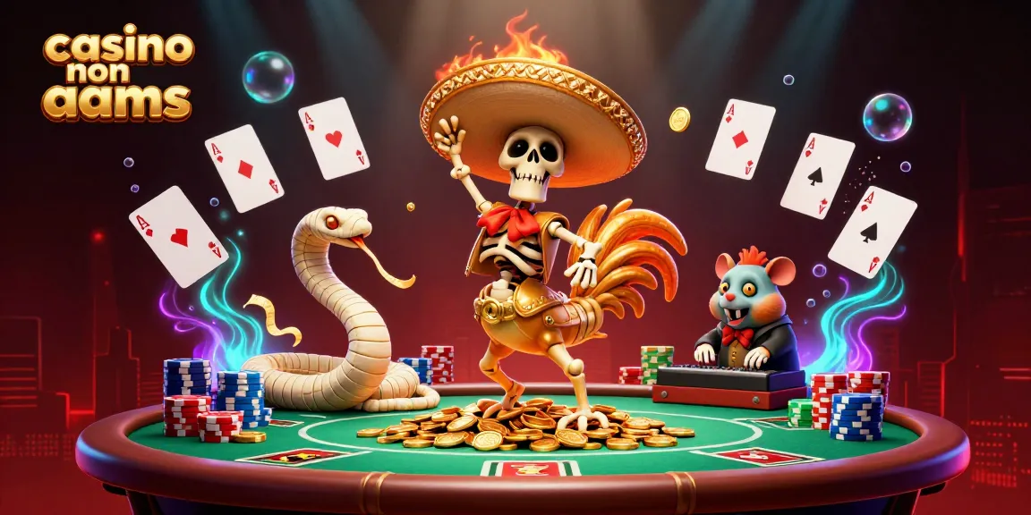 Il casino non AAMS presenta un vivace scheletro mariachi danzante su pile di monete d'oro, circondato da elementi di poker e luminescenza.