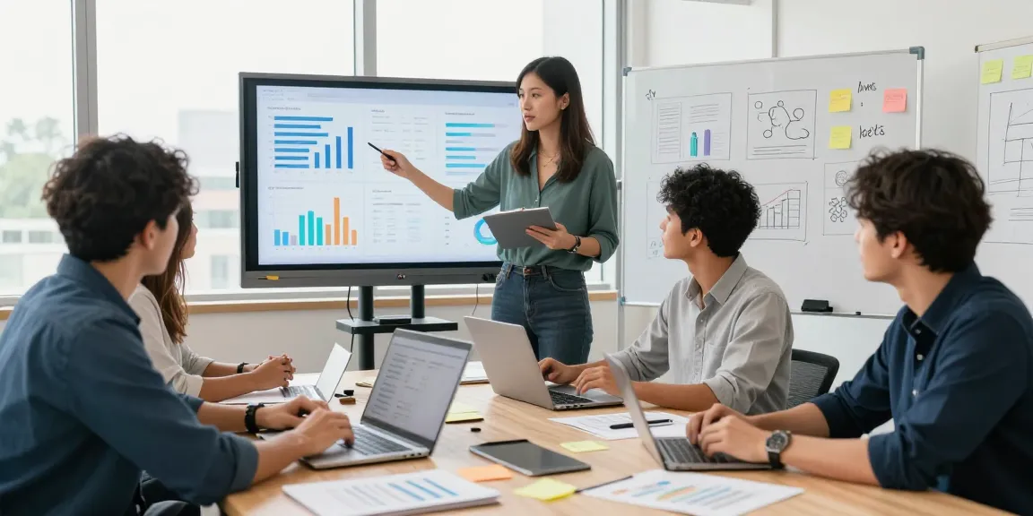 Digital Marketing Heroes team collaborating in a vibrant workspace with strategy presentations and analytics.