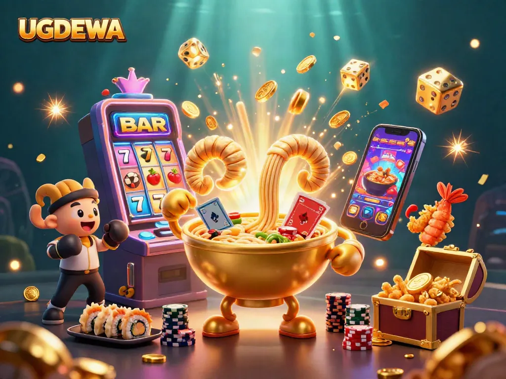 Experience gaming excitement with UGDEWA as colorful characters deal cards and stack chips in a vibrant casino scene.