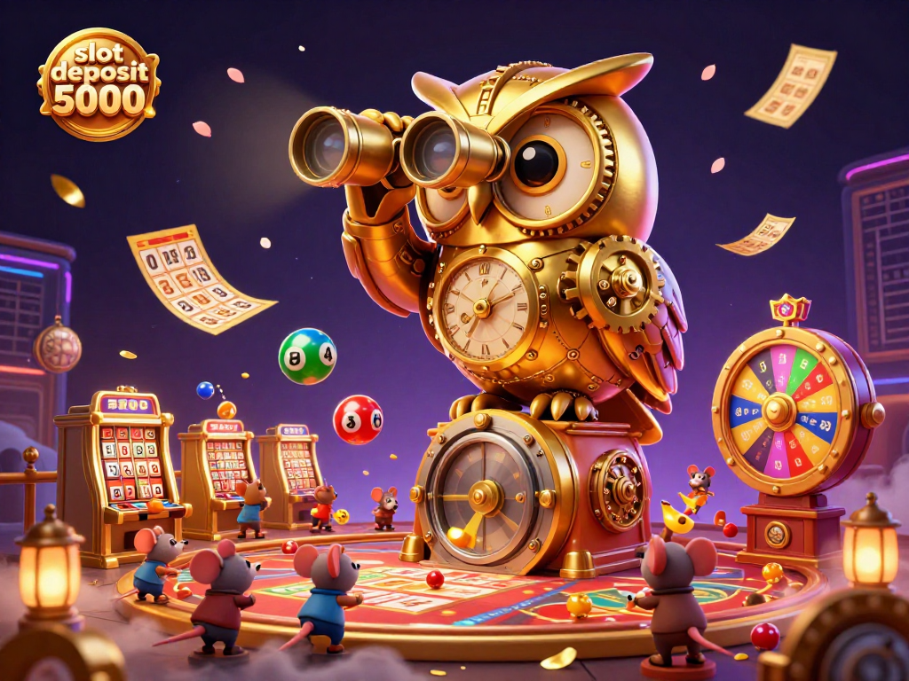 Engage with the excitement of slot deposit 5000 in a vibrant casino illustration featuring dynamic games and whimsical elements.