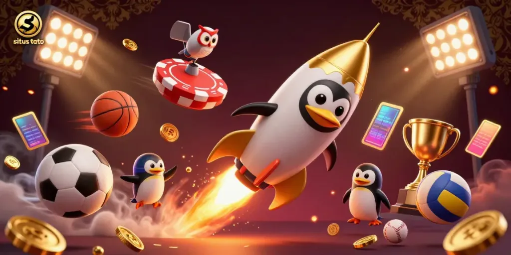 Situs toto casino-themed illustration showing a golden penguin flying towards a poker chip space station