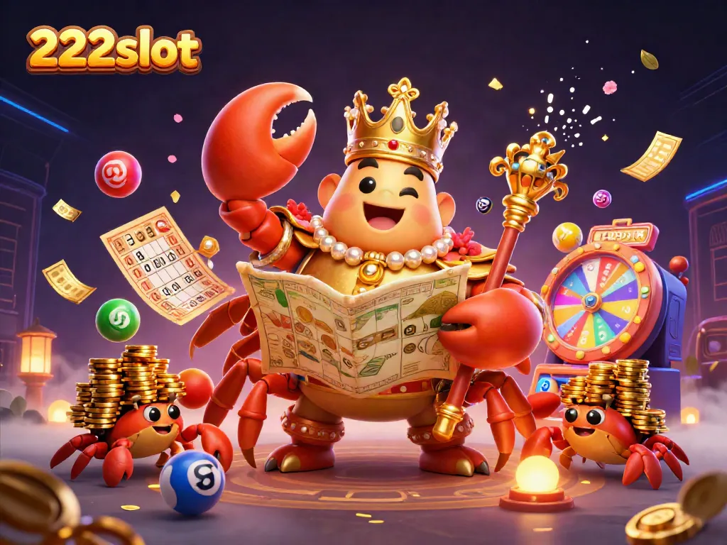 Gali rezeki di 222slot dengan kartun kepiting emas memegang peta harta karun dan tiket emas berserakan.