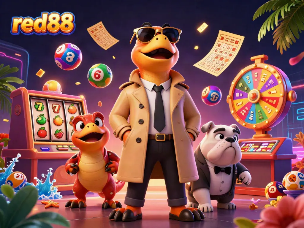 Engage in thrilling gaming at red88 with vibrant casino elements and playful characters.
