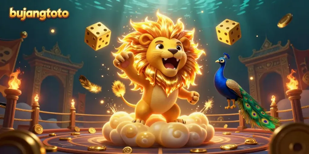 Bujangtoto's triumphant sun lion surrounded by dynamic casino elements, capturing the gaming spirit.