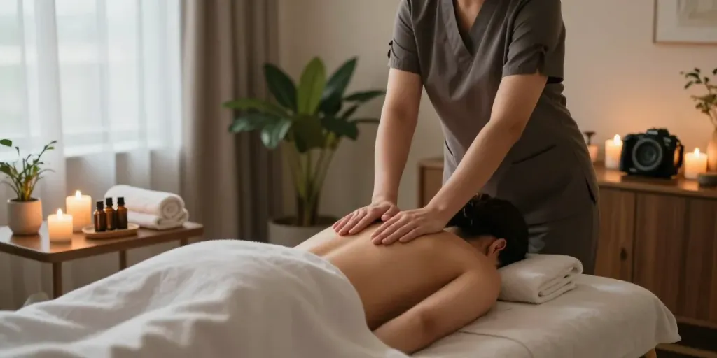 Relaxing home massage scene showcasing分당출장안마 with therapist and tranquil atmosphere