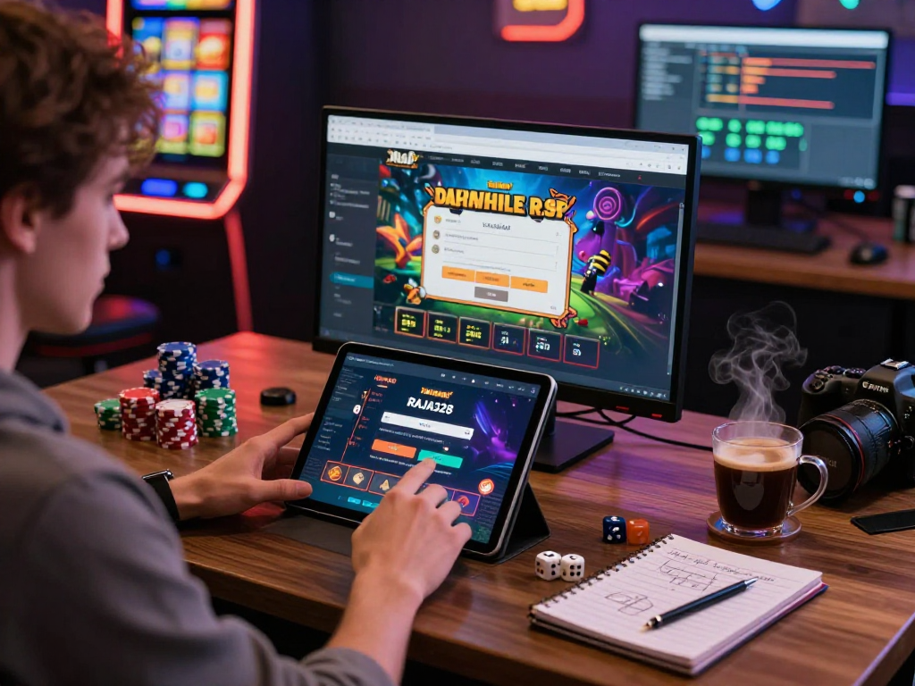 Access the link alternatif raja328 through a vibrant online gaming portal showing a user interface with engaging graphics, gaming items, and cozy atmosphere.
