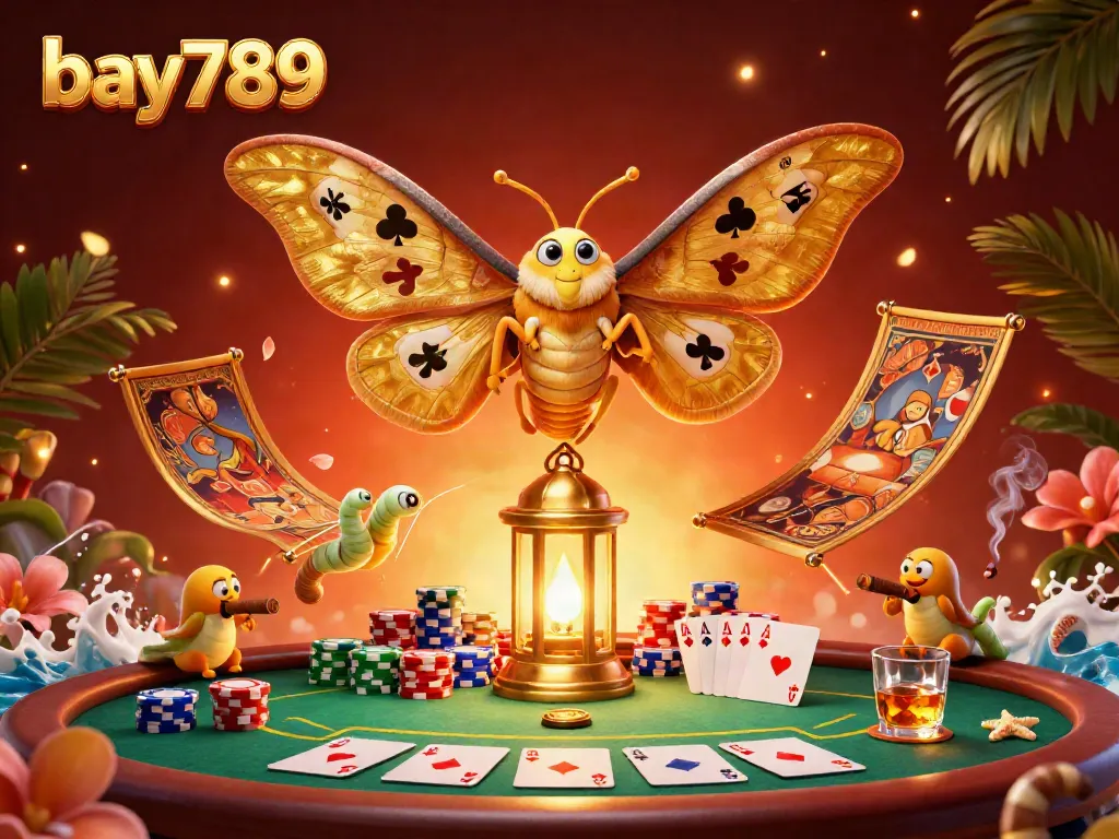Engage in thrilling bay789 casino action with colorful chips and a majestic moth illustration.