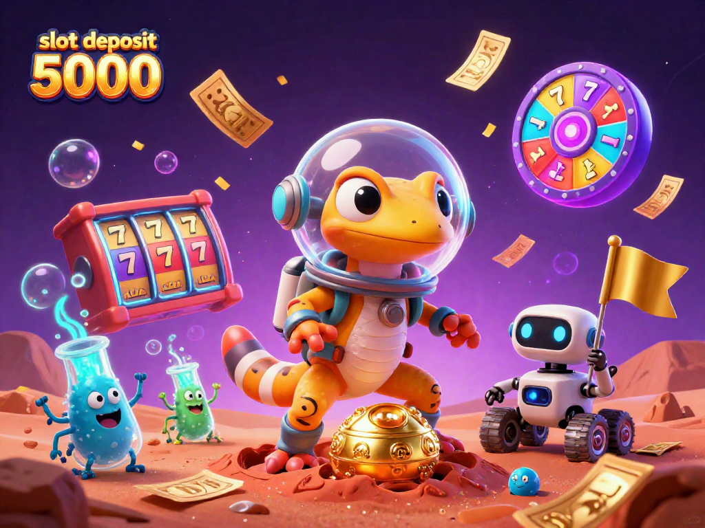 Experience exciting wins with the slot deposit 5000 offers in this vibrant casino scene illustration.