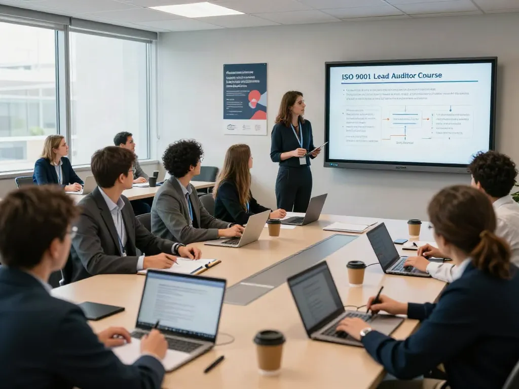 ISO 9001 Lead Auditor Course participants engaging in interactive training, showcasing a modern learning environment.