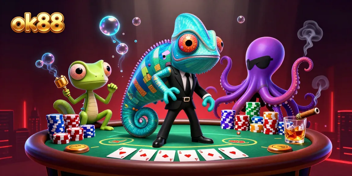 Engage in exciting poker action with ok88, featuring a secret agent chameleon and his gecko companion.