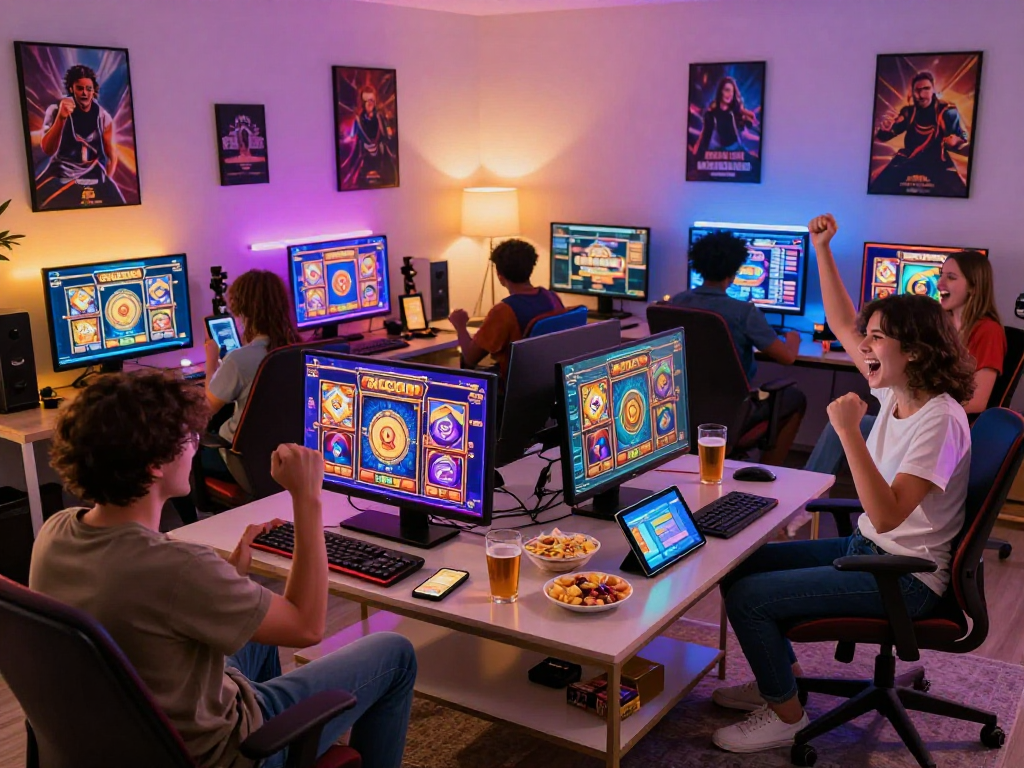 Exciting group of friends playing slot gacor game online in a vibrant gaming room.