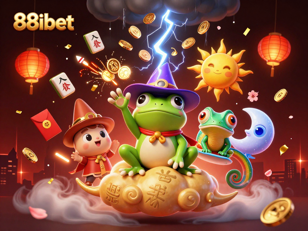 88ibet games come alive in a dynamic scene of a wizard frog and chameleon amidst riches.