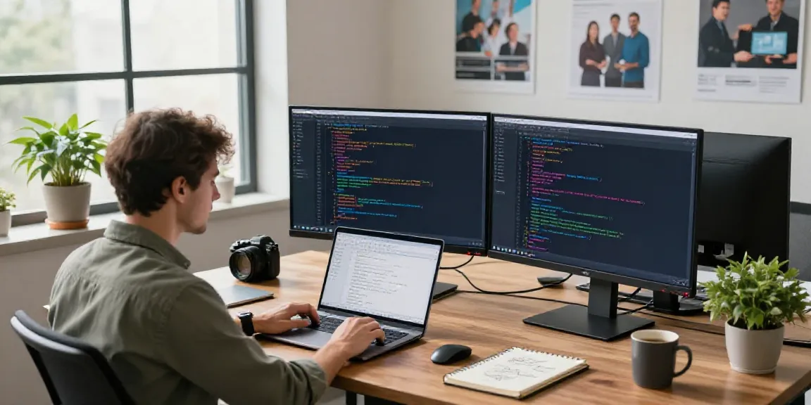 Patco.com inspired software development workspace with dual monitors and modern design.