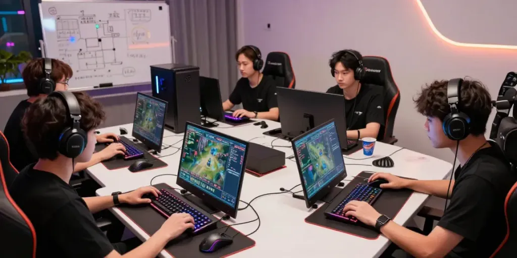 Players engaged in a collaborative gaming session using singatoto platforms with high-tech equipment.