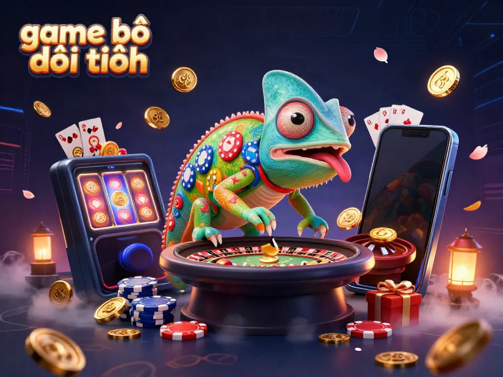 Experience the excitement of game bài đổi thưởng with vibrant casino elements and an engaging chameleon character.
