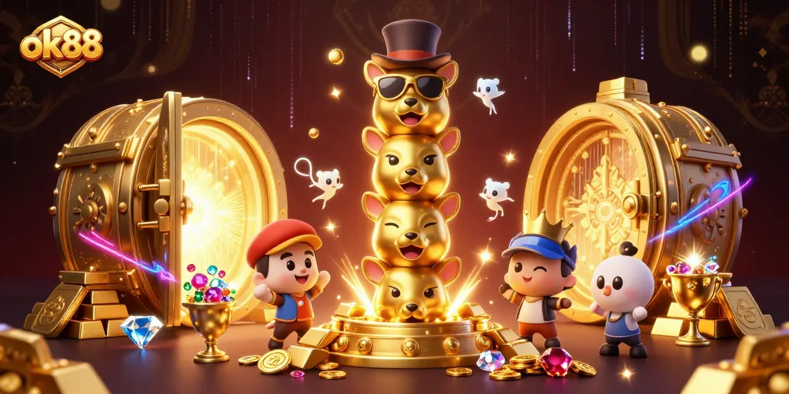 Experience thrilling gameplay at ok88 with engaging characters, vibrant casino elements, and glowing treasures.