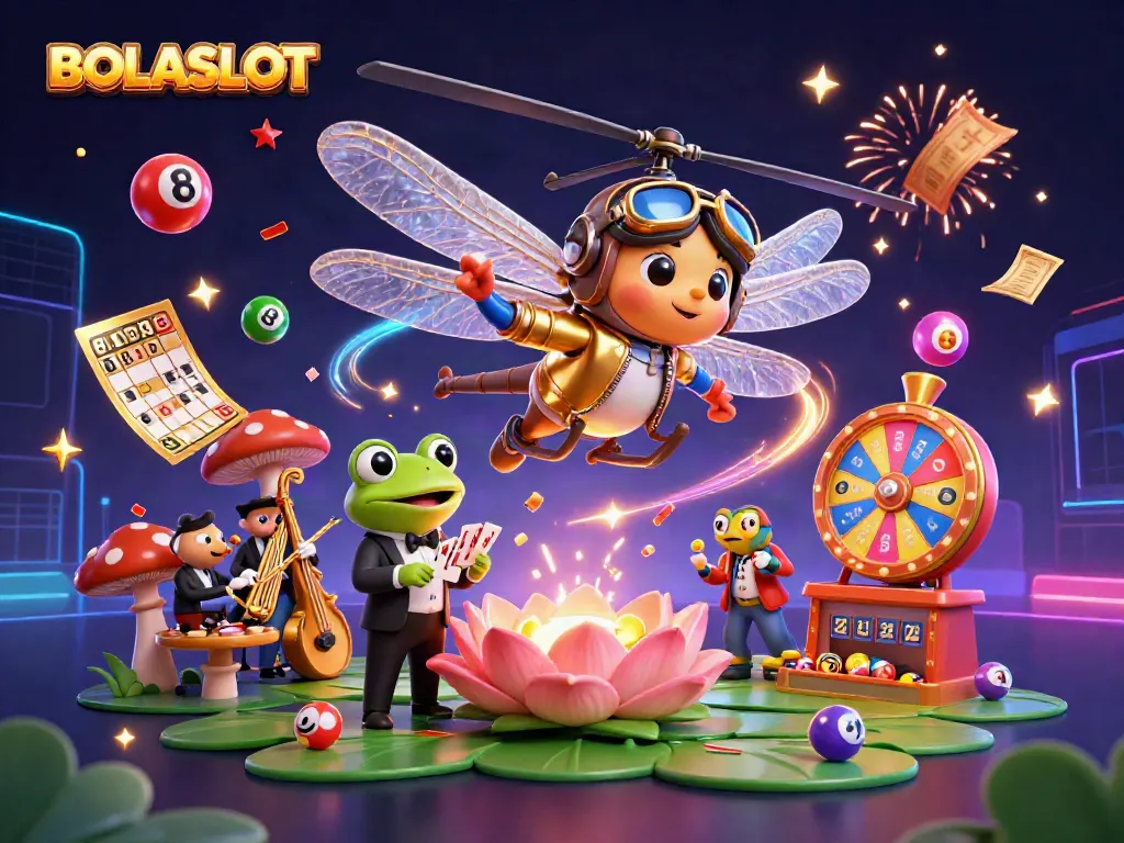 BOLASLOT featuring a dragonfly pilot above a lily pad casino, with a frog dealer and cricket jazz band, vibrant casino elements.
