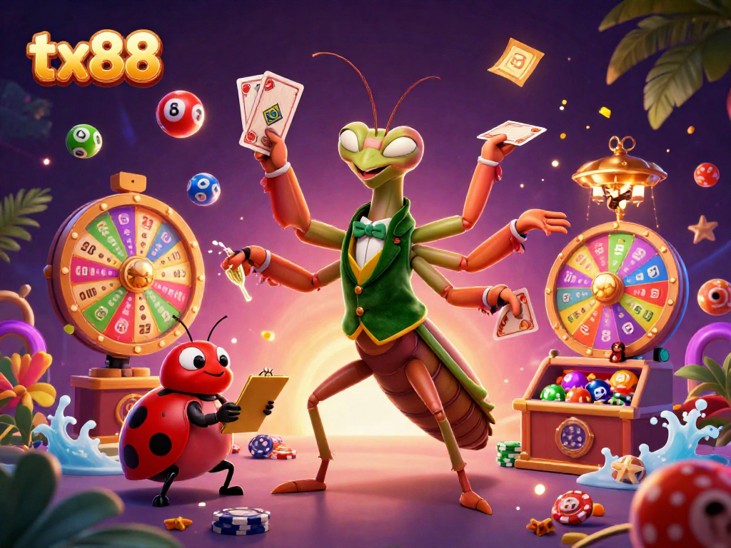 Experience thrilling gameplay with tx88 at a vibrant casino scene featuring a giant praying mantis and ladybug dealer.