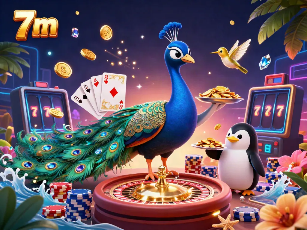 Bet on 7 m with vibrant casino-themed illustration featuring golden chips and dynamic characters.
