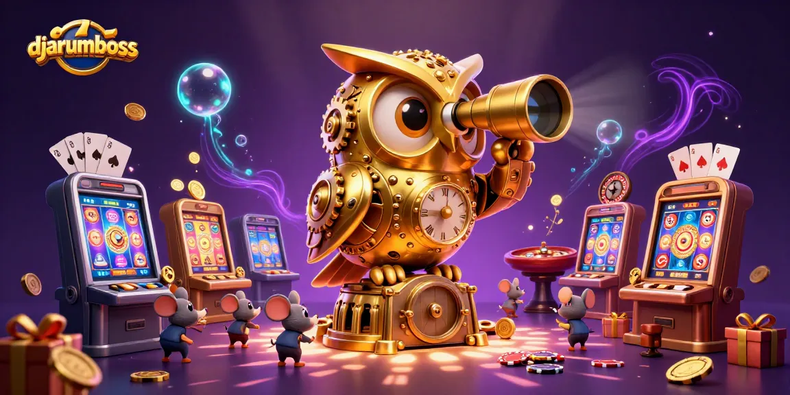Djarumboss presents a vibrant casino scene with a clockwork owl and animated mouse patrons engaging in slot play.