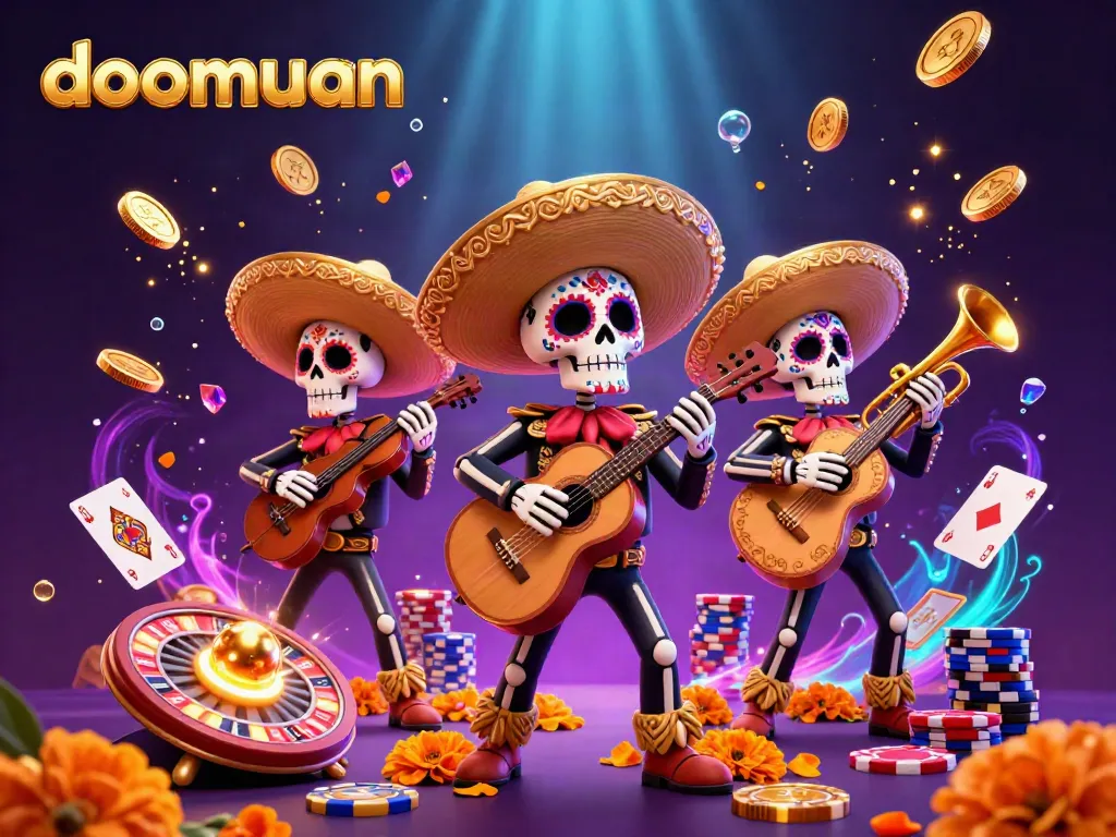 Doomuan's lively casino scene showcases a mariachi band with golden sombreros amidst a wealth of slots and gaming elements.
