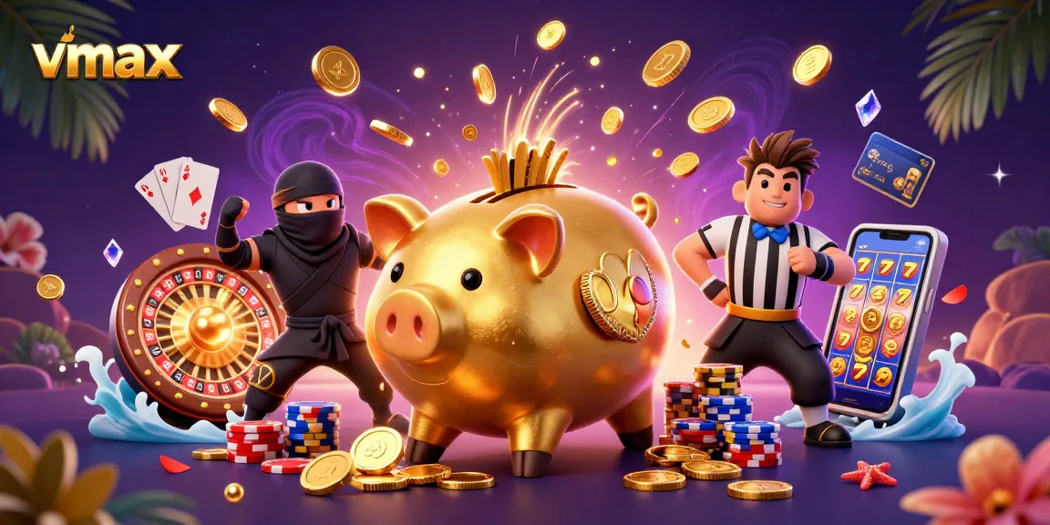 Experience thrilling gameplay at vmax with golden coins cascading from a sumo wrestler in a vibrant casino scene