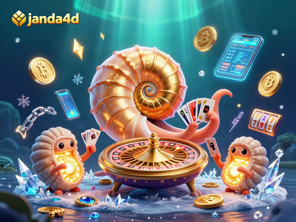 Permainan slot interaktif di janda4d dengan kartu, koin kripto, dan atmosfer kasino modern.