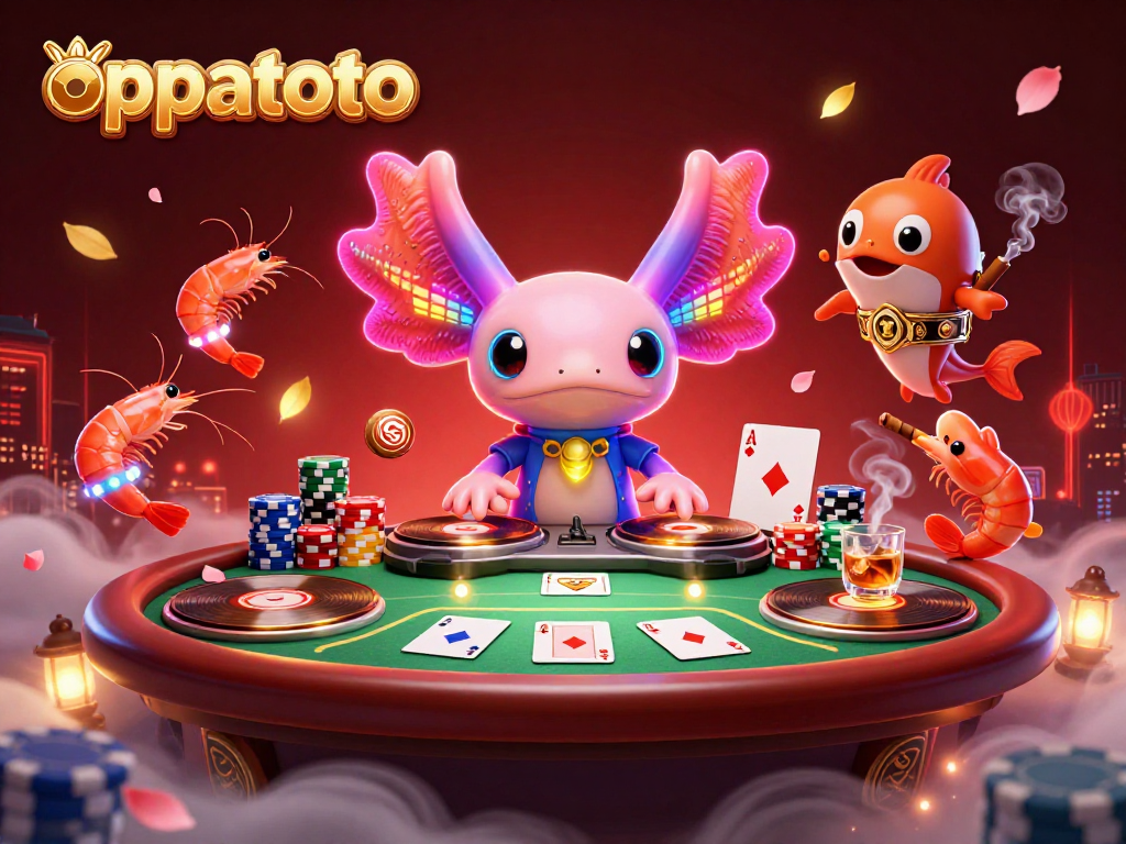 Experience the vibrant energy of oppatoto with animated axolotls at a poker extravaganza.