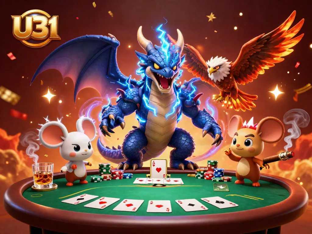 Play poker and earn bonuses at U31, featuring dynamic gaming elements and vibrant characters.