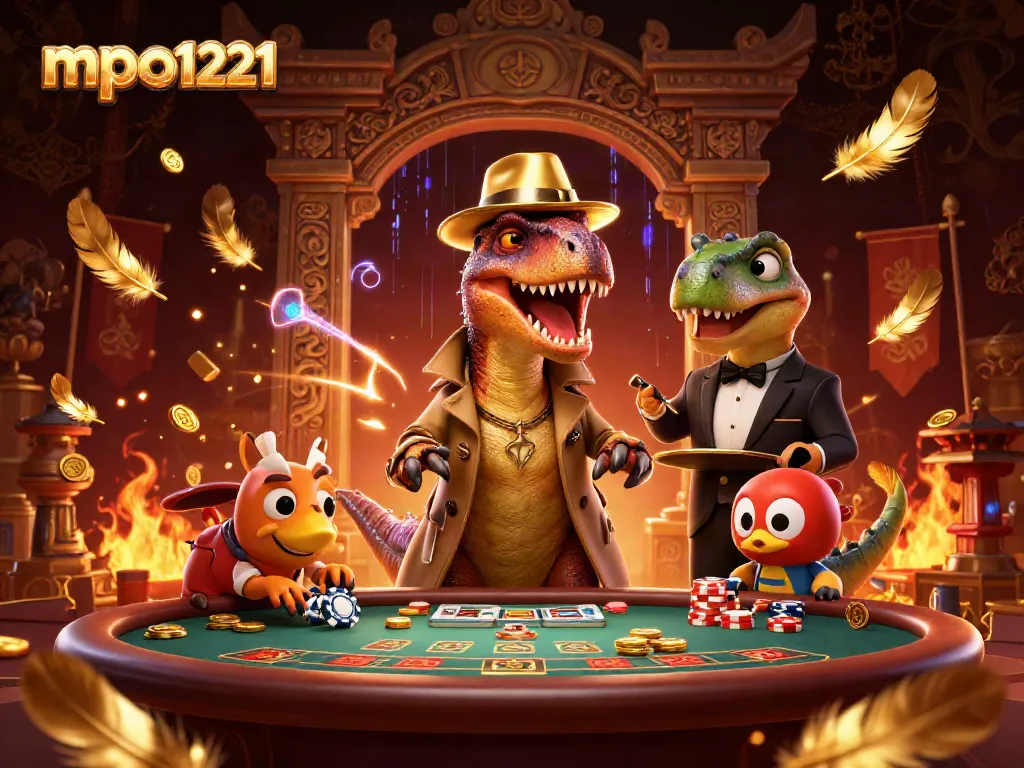 Experience the thrilling action of mpo1221 with a velociraptor card counter at a blackjack table.