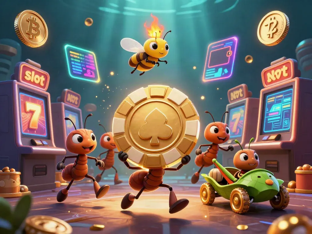 Teams of colorful ants dynamically running with a giant poker chip and slot elements, radiating excitement.