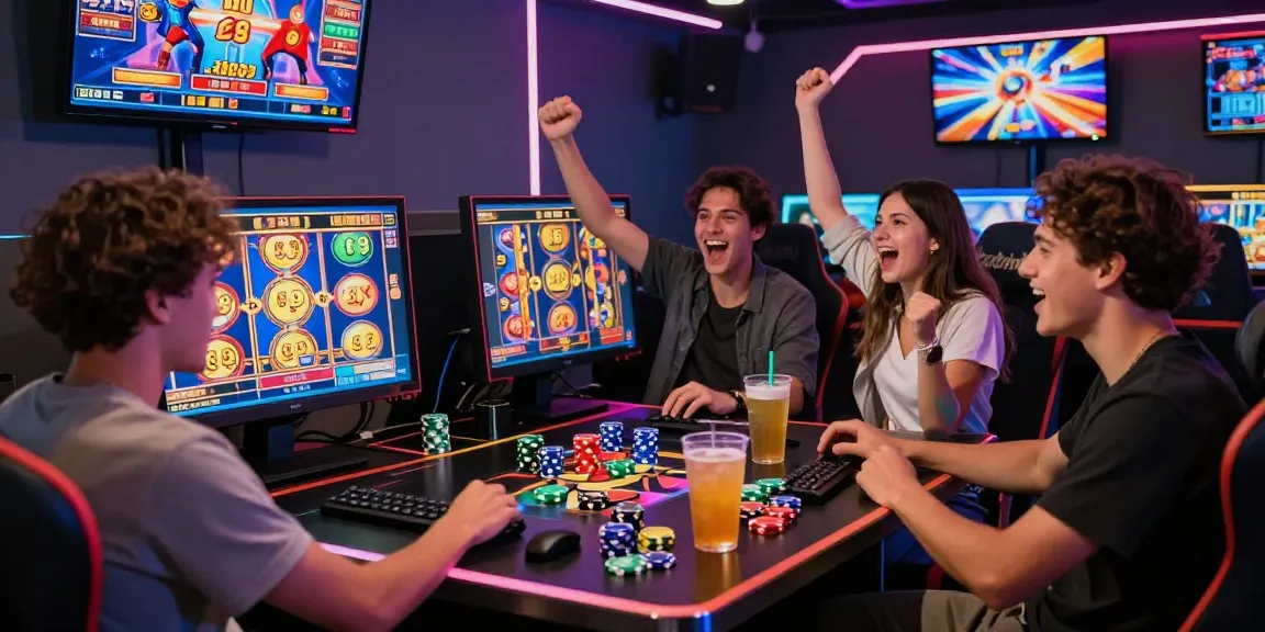 Keseruan bermain slot88 di meja permainan modern dengan teman-teman, suasana meriah dan penuh kegembiraan.