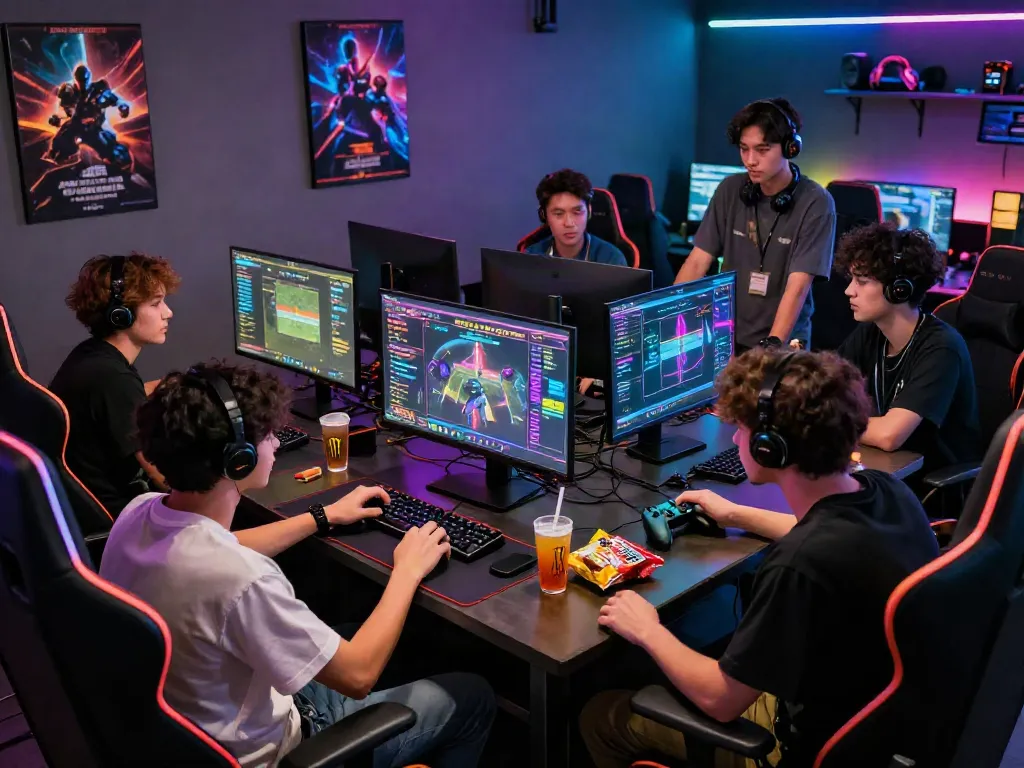 Strategi permainan ratutogel di ruang gaming modern dengan gamer yang bersemangat.
