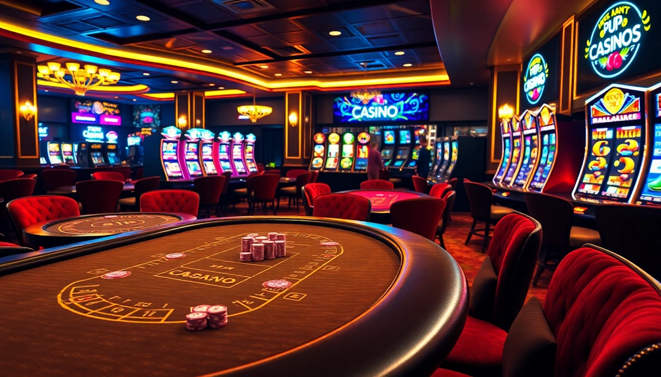 Scène excitante d'un site de casino en ligne avec des tables de poker et des machines à sous vibrantes.