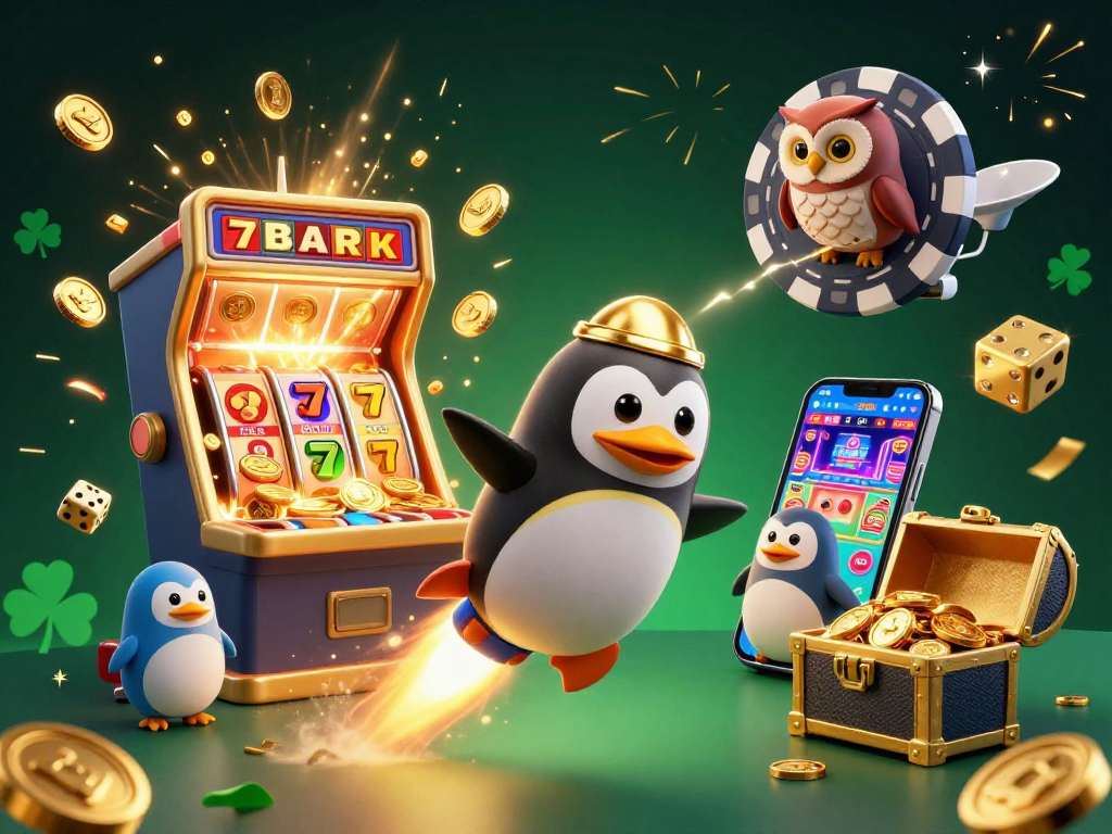 Play thrilling slots with a vibrant 3D casino scene featuring a penguin and jackpot elements.