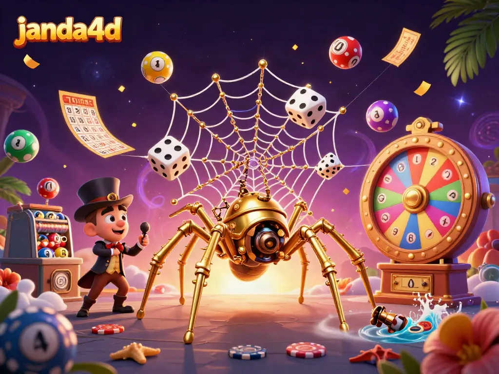 Gambarkan pengalaman bermain togel di janda4d dengan bola lotere berwarna-warni dan karakter unik.