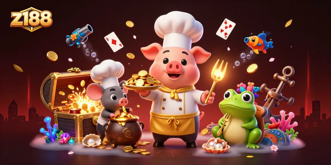 Experience riches with z188 as chef characters serve gold coins amid vibrant casino action.