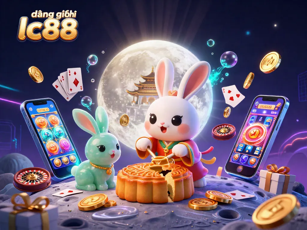 Experience the thrill of đăng ký lc88 with a captivating 3D moon rabbit scene, showcasing lunar casino elements.