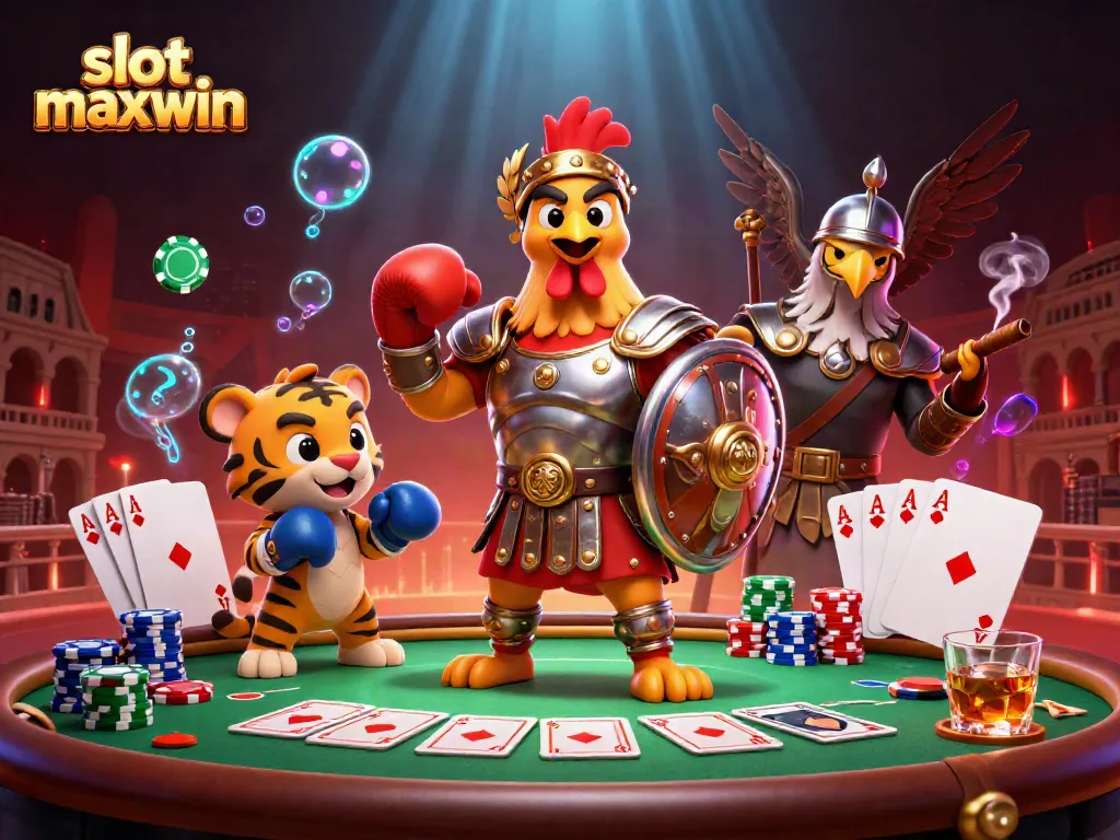 Engage with slot maxwin in a vibrant 3D casino scene featuring poker elements and dynamic characters.