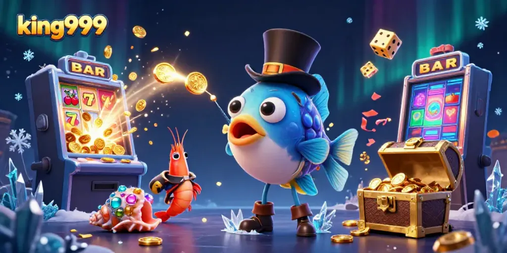 Gambarkan jackpot menakjubkan di king999 dengan ikan pemancing, udang bajak laut, dan siput berwarna-warni.