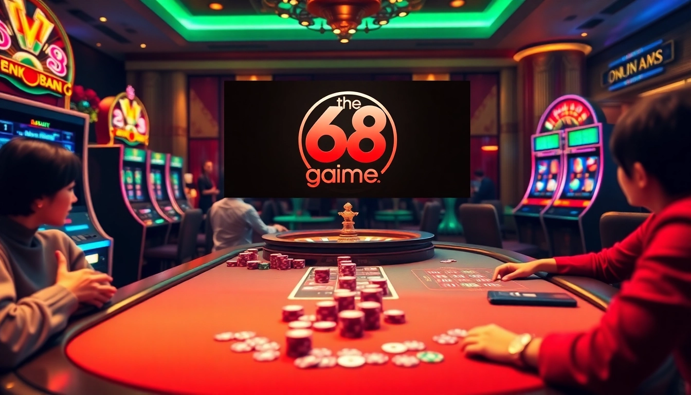 A thrilling scene of players at the poker table enjoying 68 game bài while vibrant slot machines light up the background.