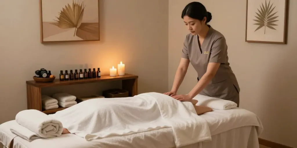 Experiencing 강남출장안마 in a serene massage therapy room with calming ambiance.