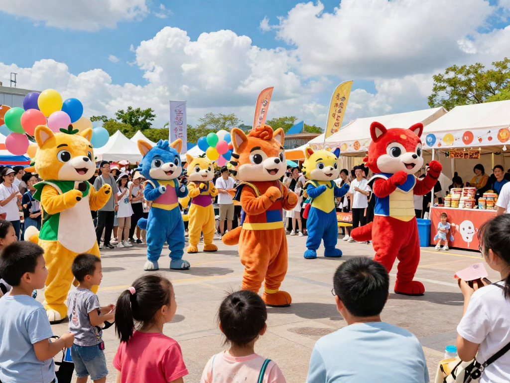 Engaging festival scene with mascot costumes entertaining families and children.
