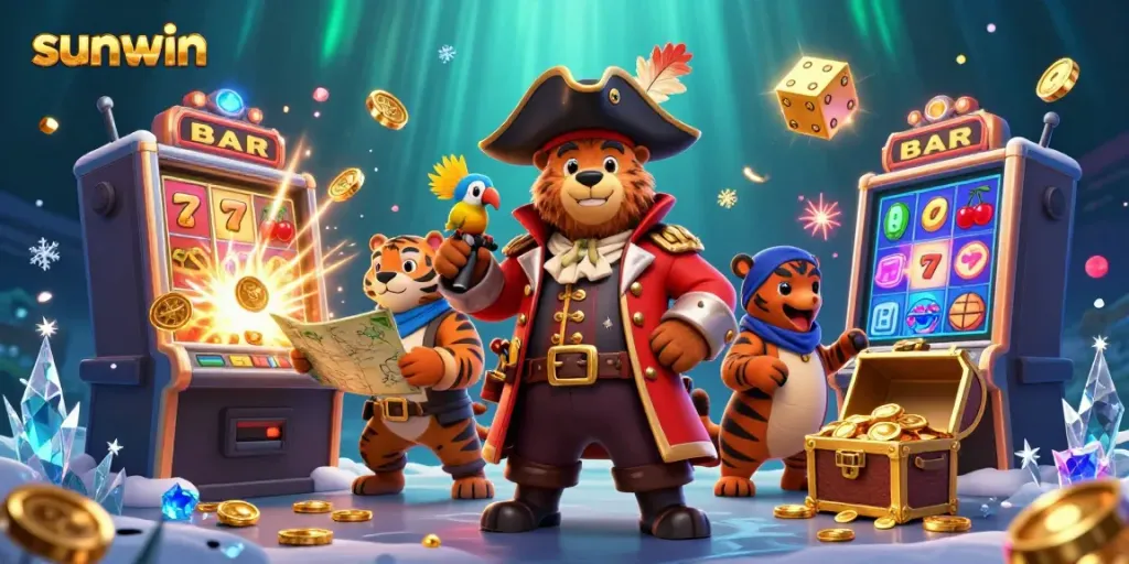 Engage with sunwin's vibrant jackpot slots featuring a cartoon pirate captain, thrilling casino elements, and festive effects.
