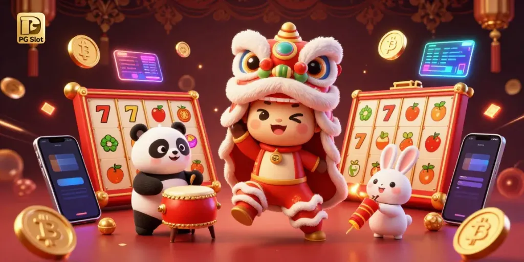 Permainan PG Slot seru dengan karakter maskot tarian singa, panda, dan kelinci latar belakang merah dan emas.