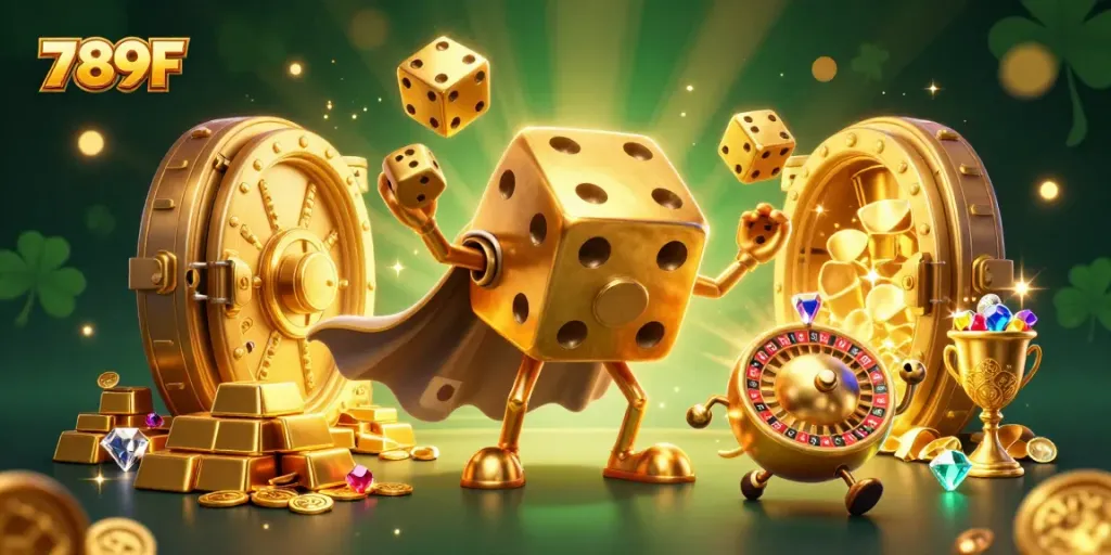 Experience the excitement of 789F online gaming with golden dice and treasures in this vibrant illustration.