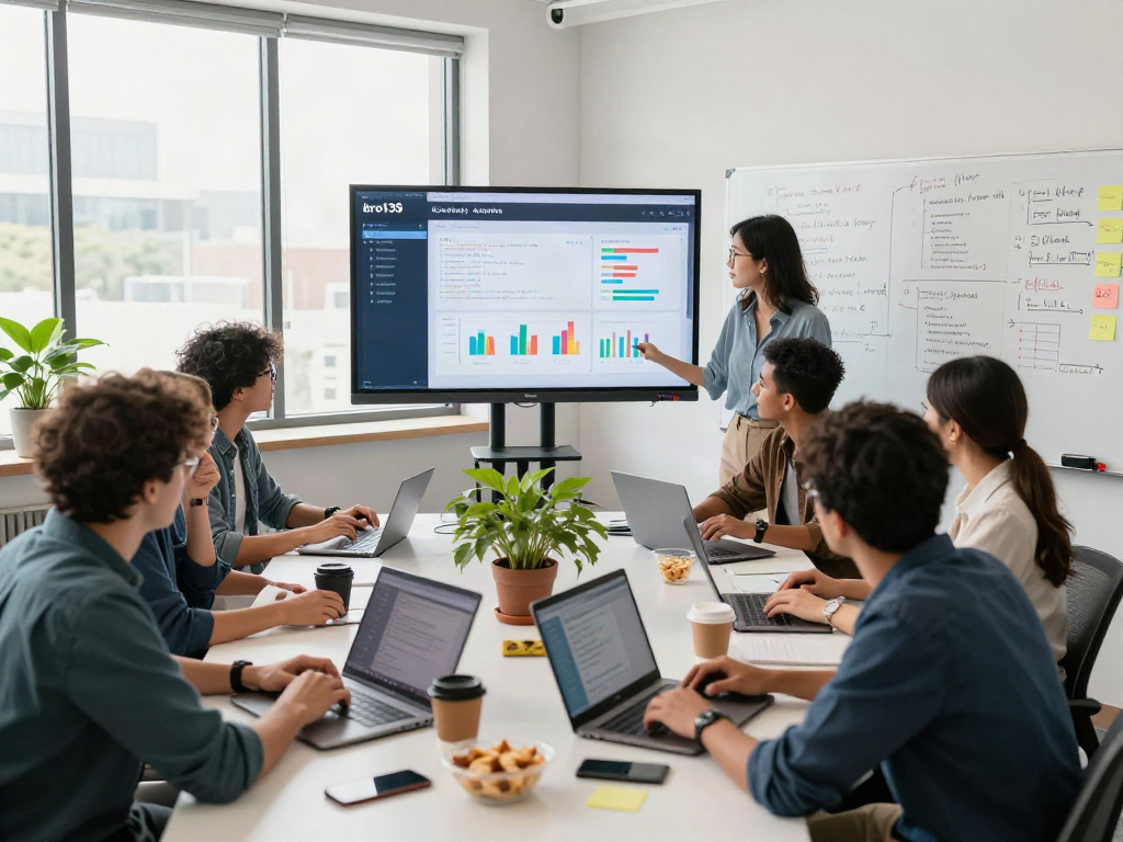 Team of developers analyzing bro138 success metrics in a vibrant tech workspace.